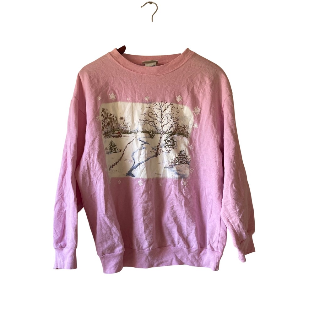 Basic‎ Editions Pink Winter Scene Sweatshirt Women Large Cozy Graphic Pullover